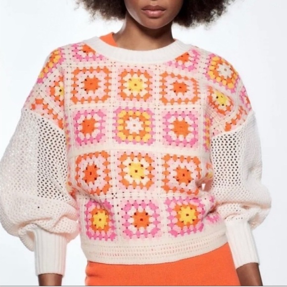 NWT ZARA Granny Square Crochet Chenille Sweater - Picture 1 of 8